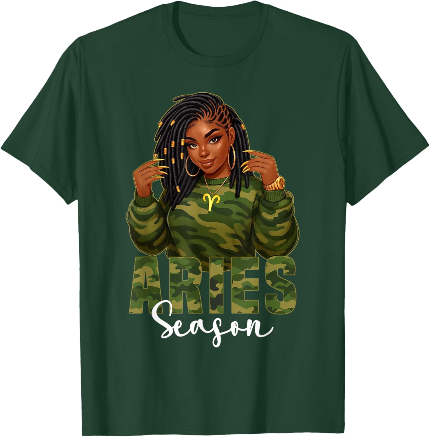 Aries Season Loc'd Black Woman Camo Zodiac Sign T-Shirt - T-Shirt | Forest
