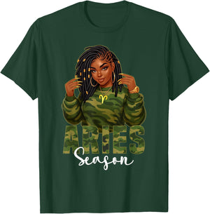 Aries Season Loc'd Black Woman Camo Zodiac Sign T-Shirt - T-Shirt | Forest