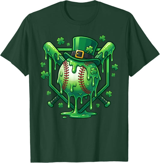 St Patricks Day Baseball Drip Funny Baseball Sport Women Men T-Shirt - T-Shirt | Forest
