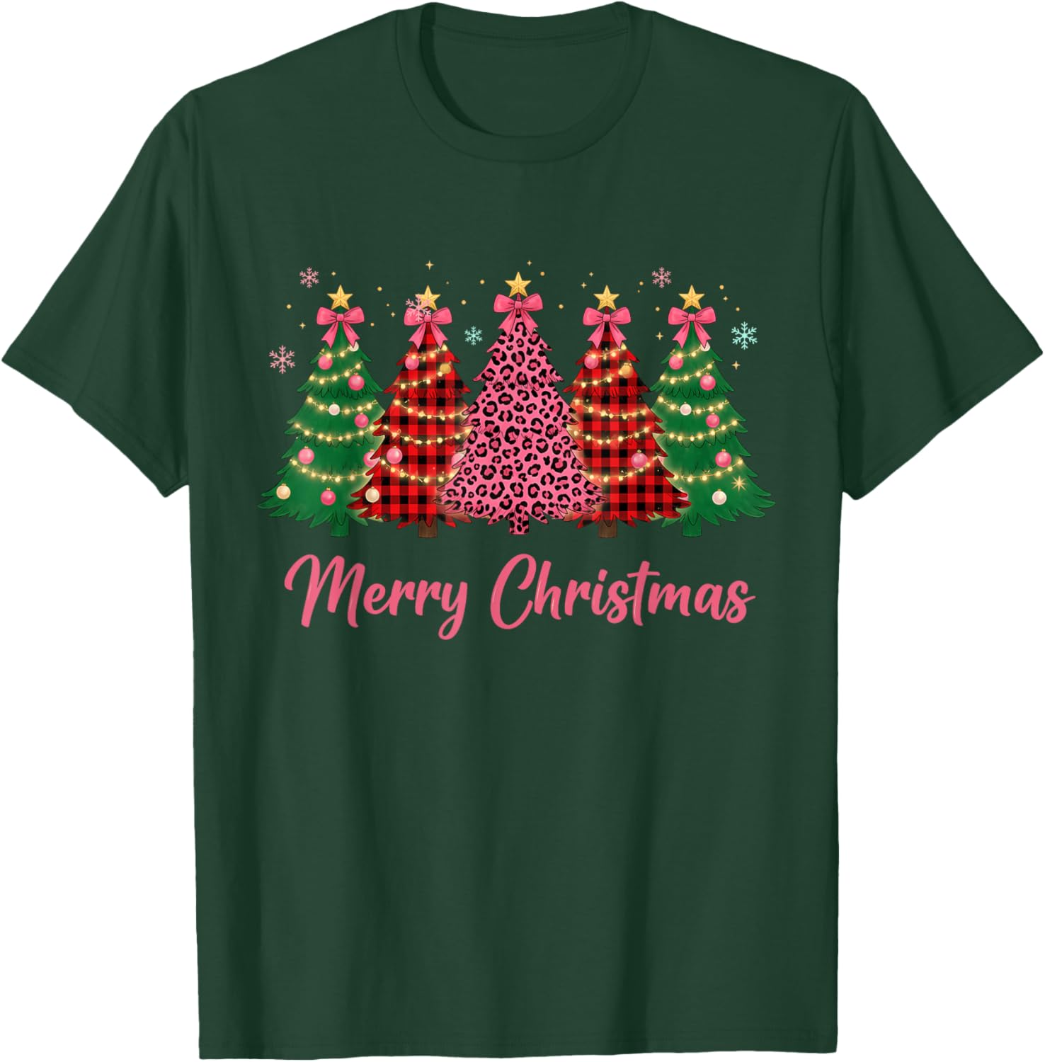Leopard Pink Buffalo Plaid Christmas Tree Women Girl T-Shirt - T-Shirt | Forest