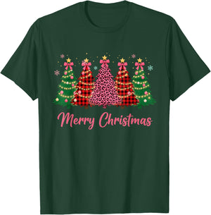 Leopard Pink Buffalo Plaid Christmas Tree Women Girl T-Shirt - T-Shirt | Forest