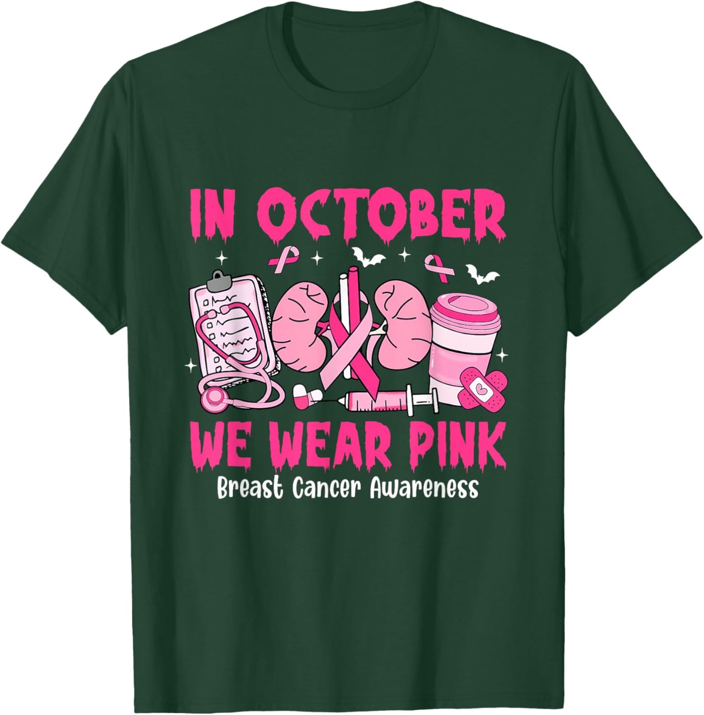 in October We Wear Pink Breast Cancer Urology Nurse T-Shirt - T-Shirt | Forest