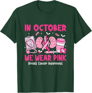 in October We Wear Pink Breast Cancer Urology Nurse T-Shirt - T-Shirt | Forest