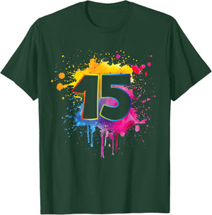 15th Birthday Colorful Paint Splashes 15 Year Old Girls Boys T-Shirt - T-Shirt | Forest