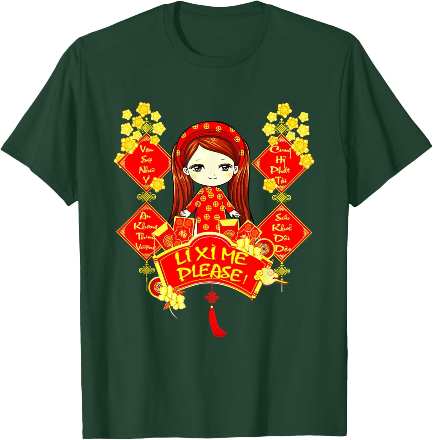Li Xi Me Please Vietnamese New Year Red Cute Girl Flowers T-Shirt - T-Shirt | Forest