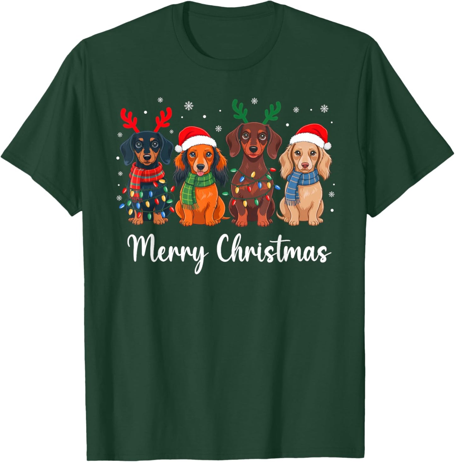 Merry Christmas Lights Dachshund Dog Santa Hat Xmas Pajamas T-Shirt - T-Shirt | Forest