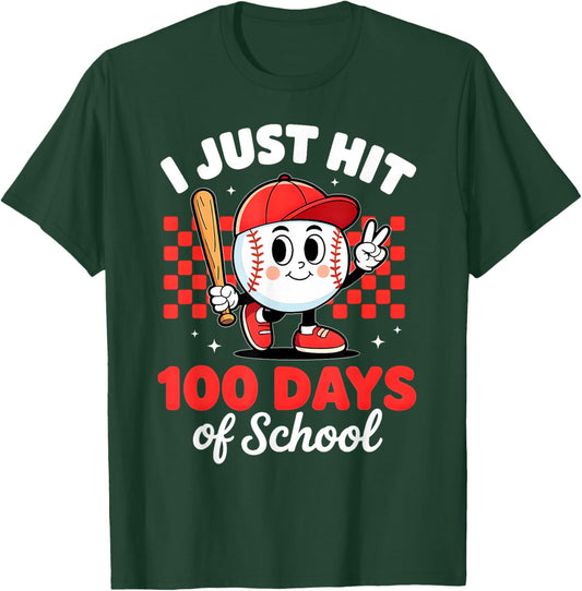 I Just Hit 100 Days of School Baseball 100th Day Boys Kids T-Shirt - T-Shirt | Forest