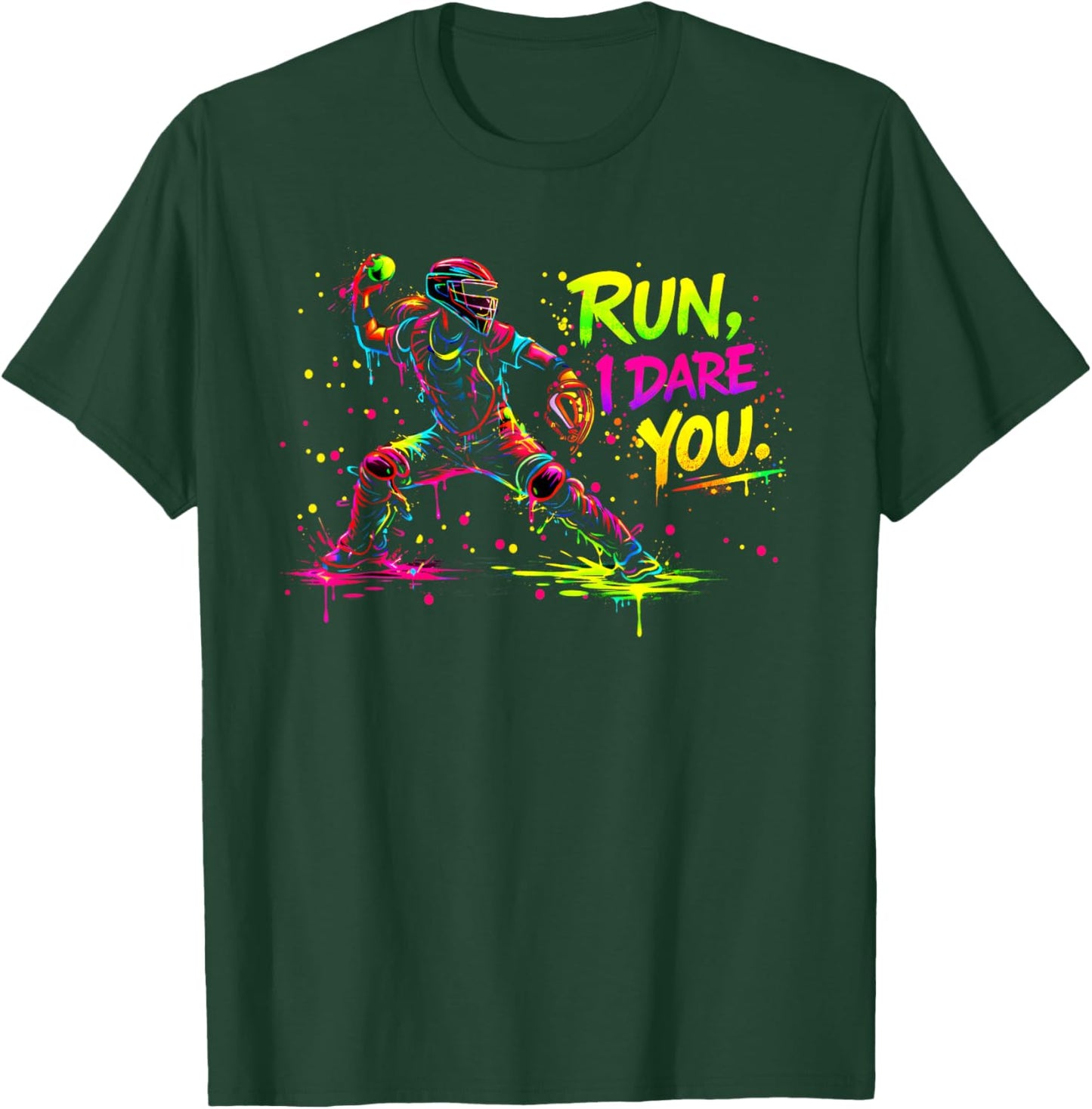 Girls Softball Catcher Graphic Bold Color Splatter Backstop T-Shirt - T-Shirt | Forest