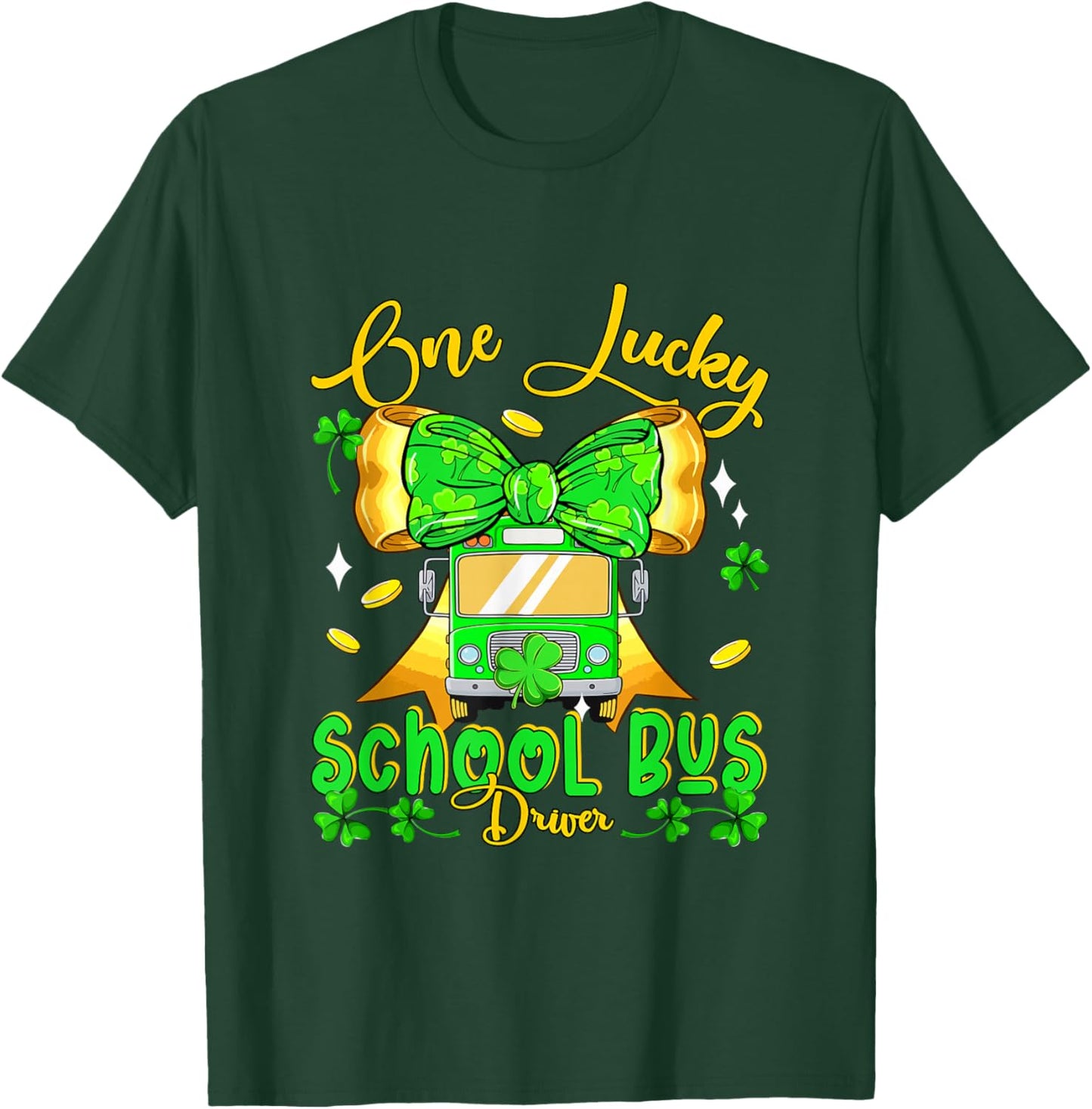 One Lucky Patrick's Day School Bus Driver Bow Tie Shamrocks T-Shirt - T-Shirt | Forest