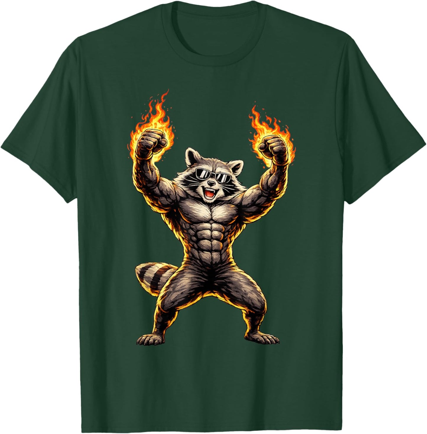 Flaming Muscle Raccoon T-Shirt - T-Shirt | Forest