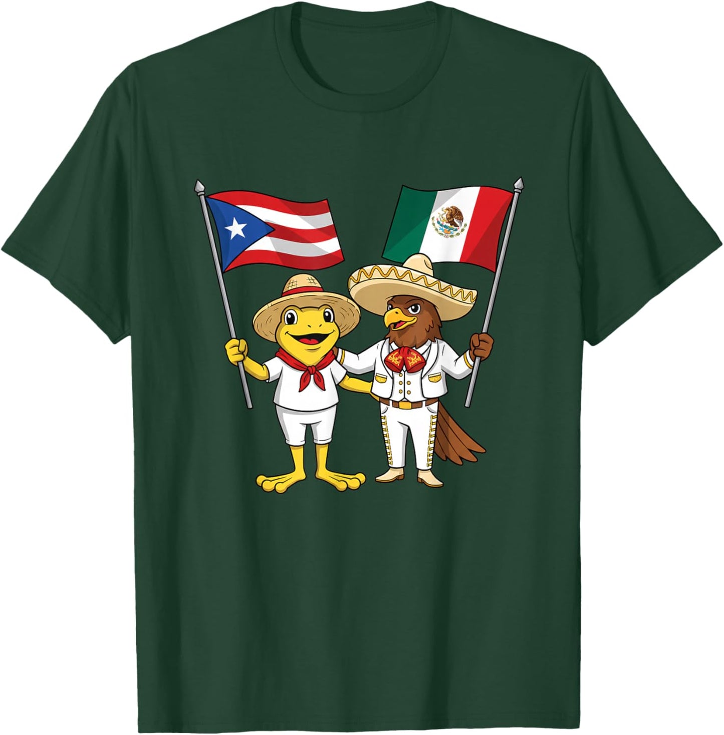 Latino Frog and Eagle Holding Puerto Rico Mexico Flags Cute T-Shirt - T-Shirt | Forest