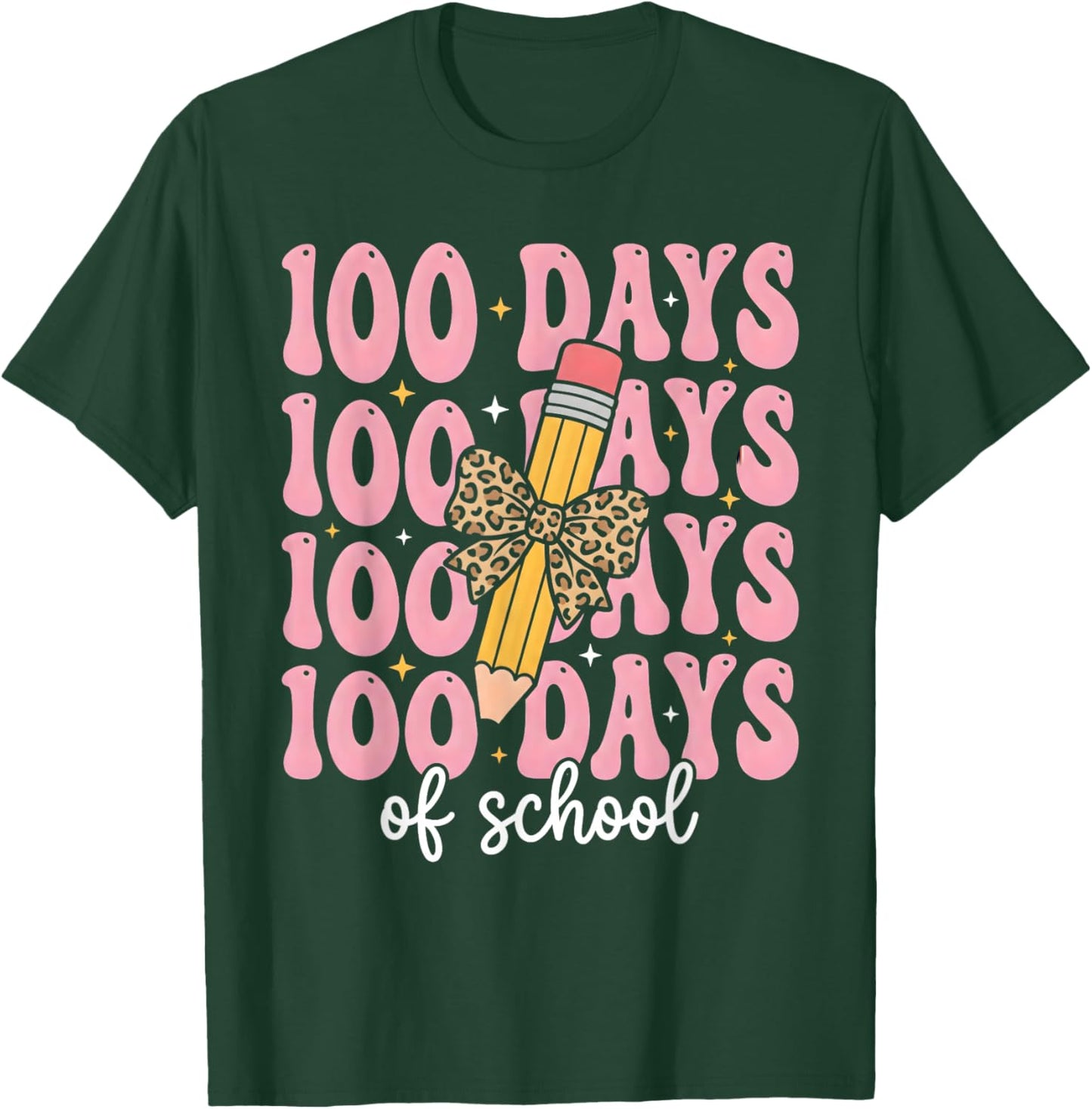 Funny 100 Days School Leopard Bow Pencil Teacher Life Girl T-Shirt - T-Shirt | Forest