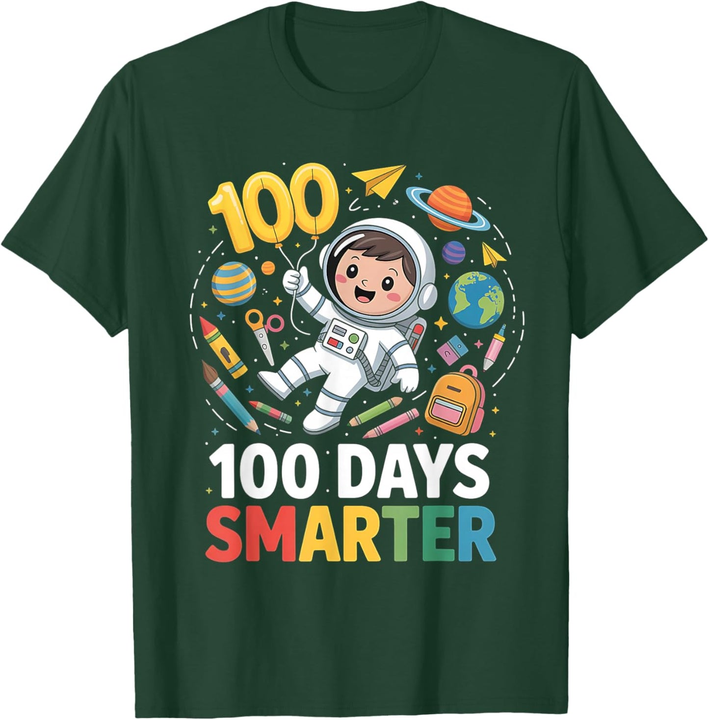 100 Days Smarter Space Astronaut 100 Day School Boys Kids T-Shirt - T-Shirt | Forest