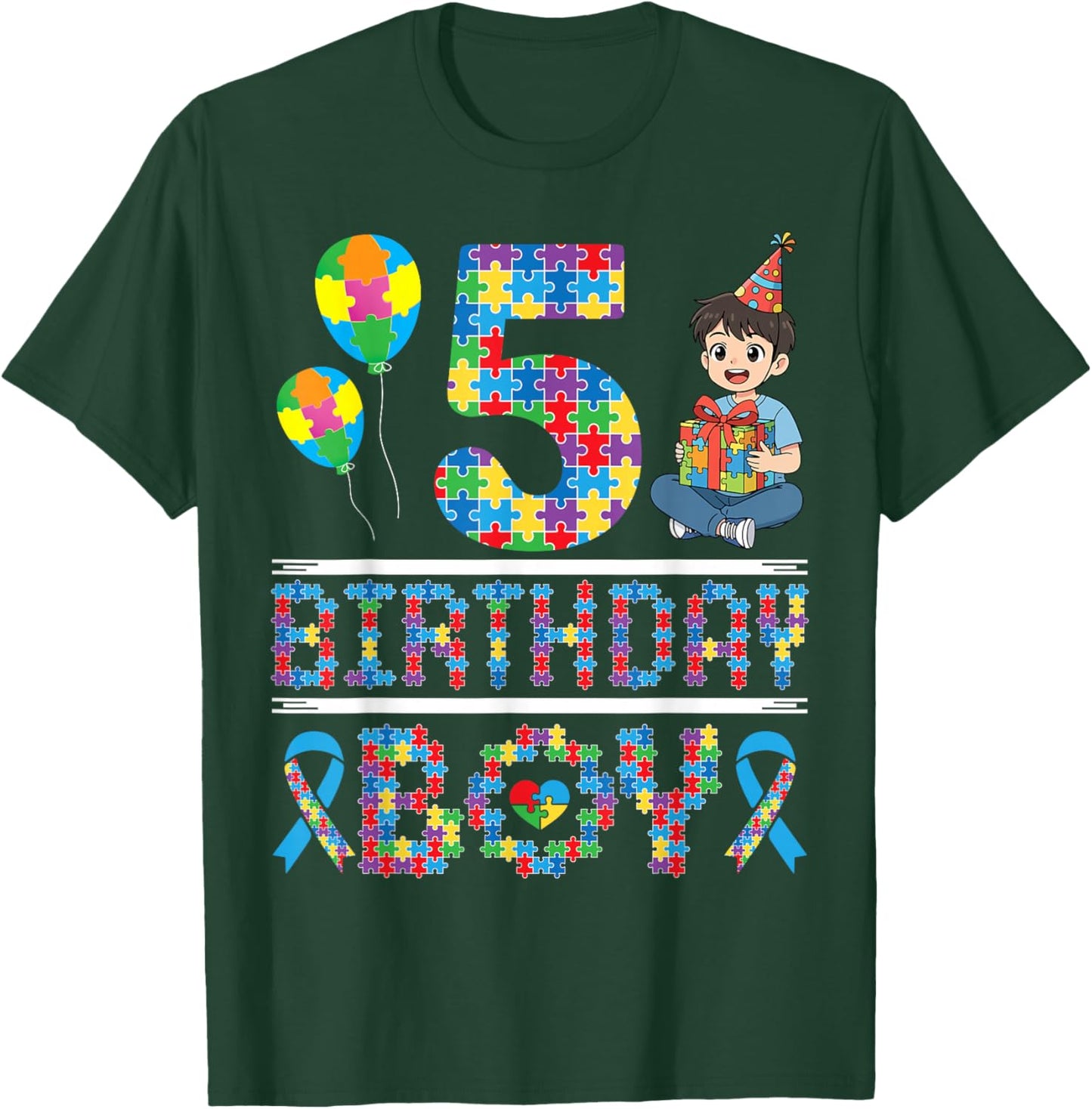 Autism Awareness 5th Birthday Boy Puzzle Piece 5 Years Old T-Shirt - T-Shirt | Forest
