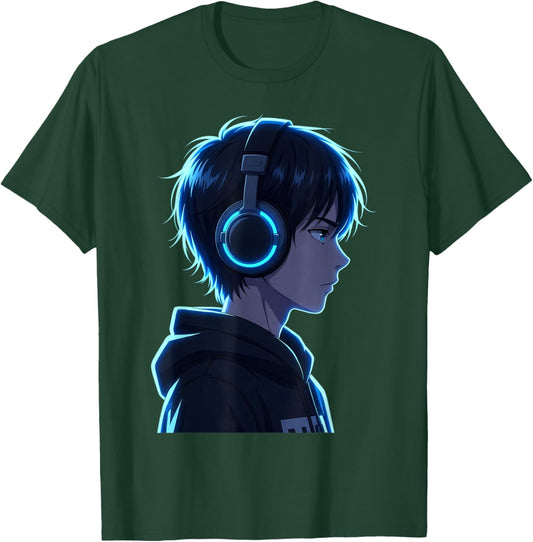 Anime Boy Man Manga Graphic Headphones Artwork Anime Fan Art T-Shirt - T-Shirt | Forest