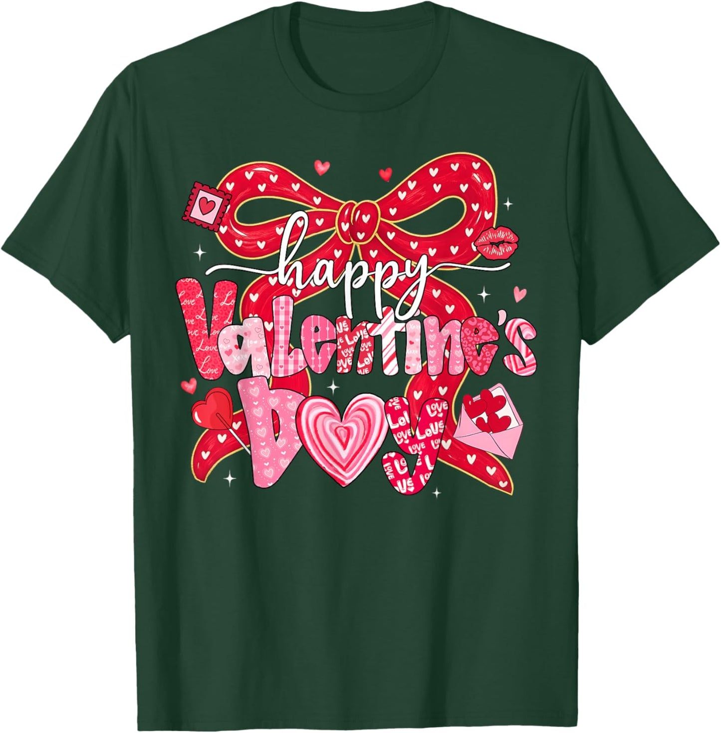 Coquette Bow Happy Valentine Heart Love Girl Women Kid T-Shirt - T-Shirt | Forest
