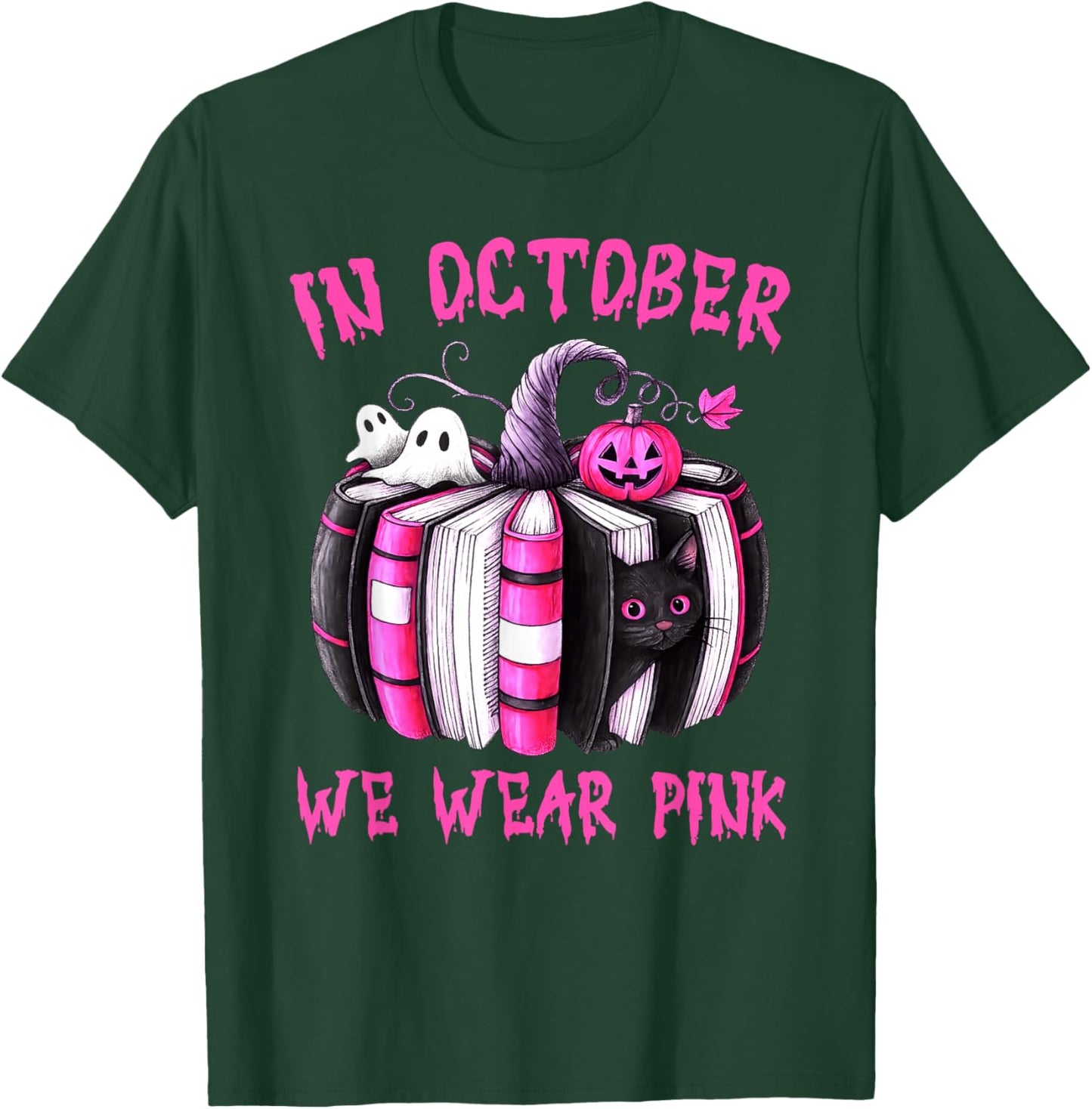 in October We Wear Pink Pumpkin Book Breast Cancer Awareness T-Shirt - T-Shirt | Forest