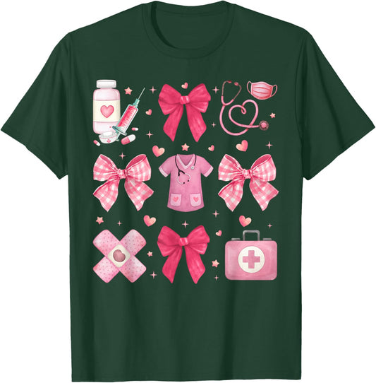 Nurse Valentines Coquette Bow Valentine Nursing RN PCT CNA T-Shirt - T-Shirt | Forest