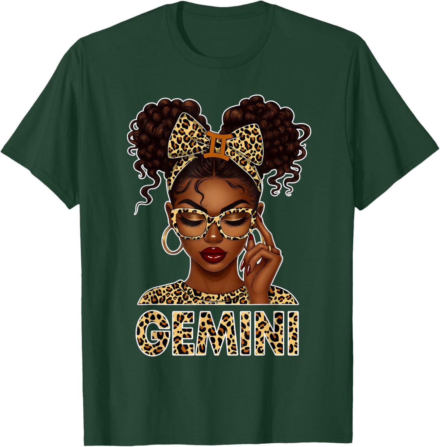 Gemini Woman Black Girl Leopard Bow Zodiac Birthday T-Shirt - T-Shirt | Forest
