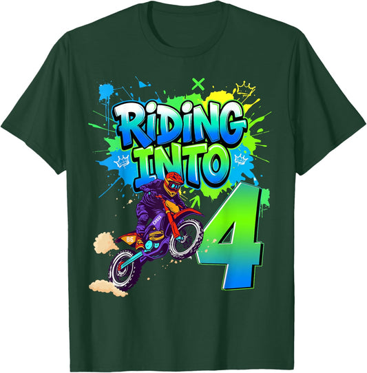 Riding Into 4 Years Old 4th Birthday Dirt Bike Boy Party T-Shirt - T-Shirt | Forest