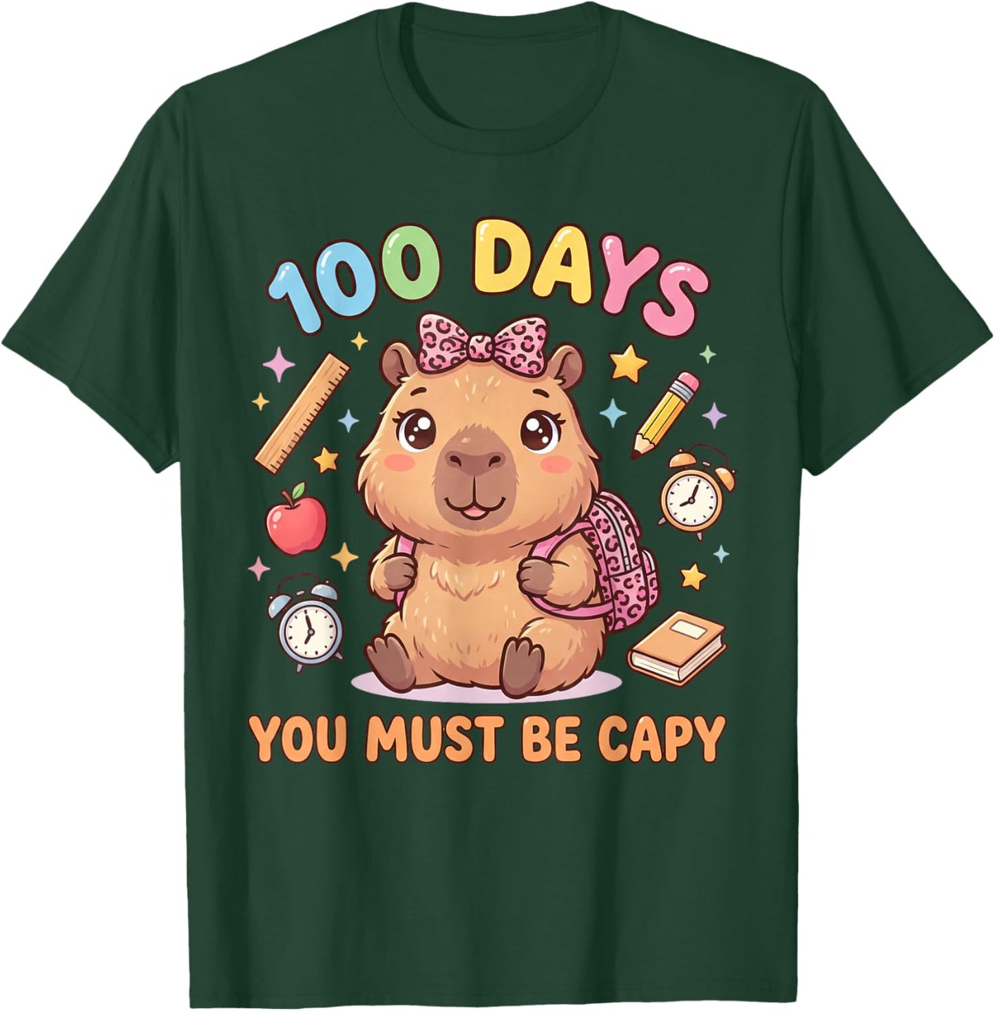 100 Days of School Girls Capybara with Leopard Bow Kids T-Shirt - T-Shirt | Forest