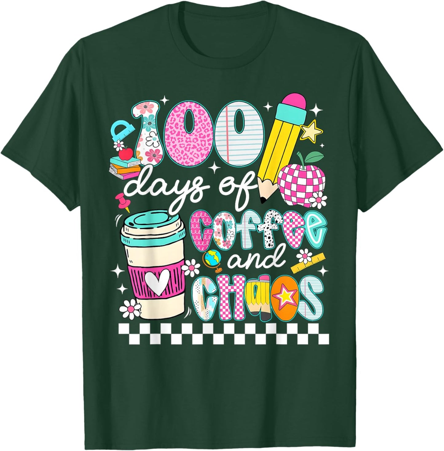 Retro Groovy 100 Days of Coffee and Chaos Teacher Girl Women T-Shirt - T-Shirt | Forest