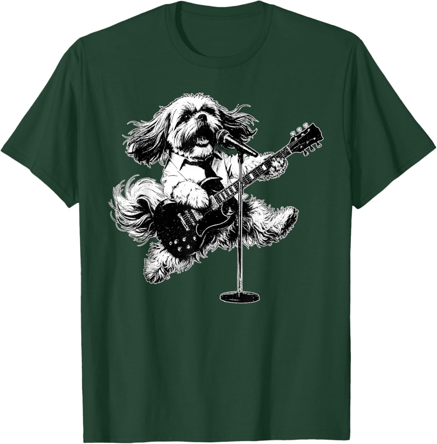Vintage Shih Tzu Playing Guitar Rock Musician Music Teacher T-Shirt - T-Shirt | Forest