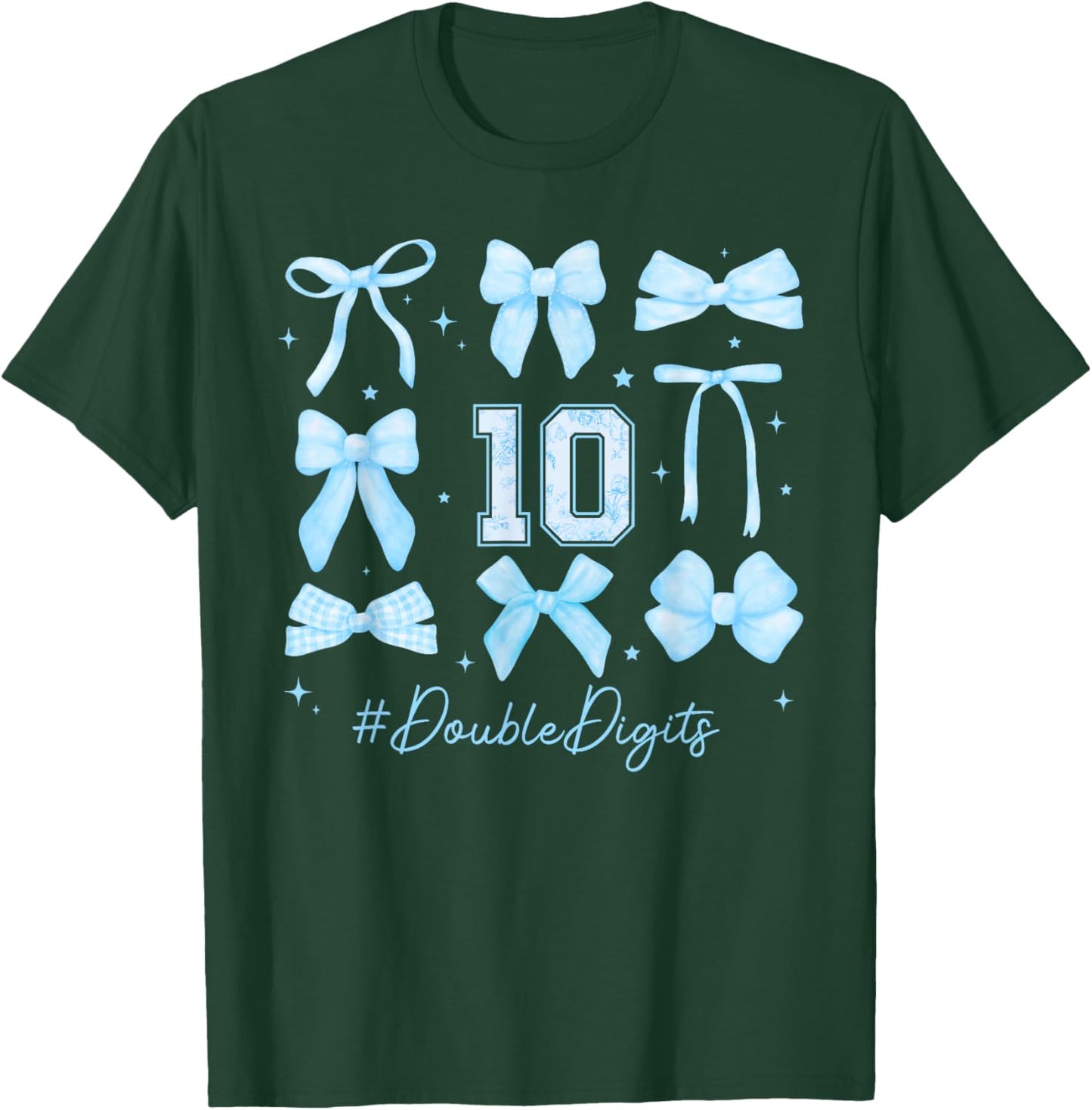 Double Digits Birthday Girl 10th Birthday Coquette Blue Bow T-Shirt - T-Shirt | Forest
