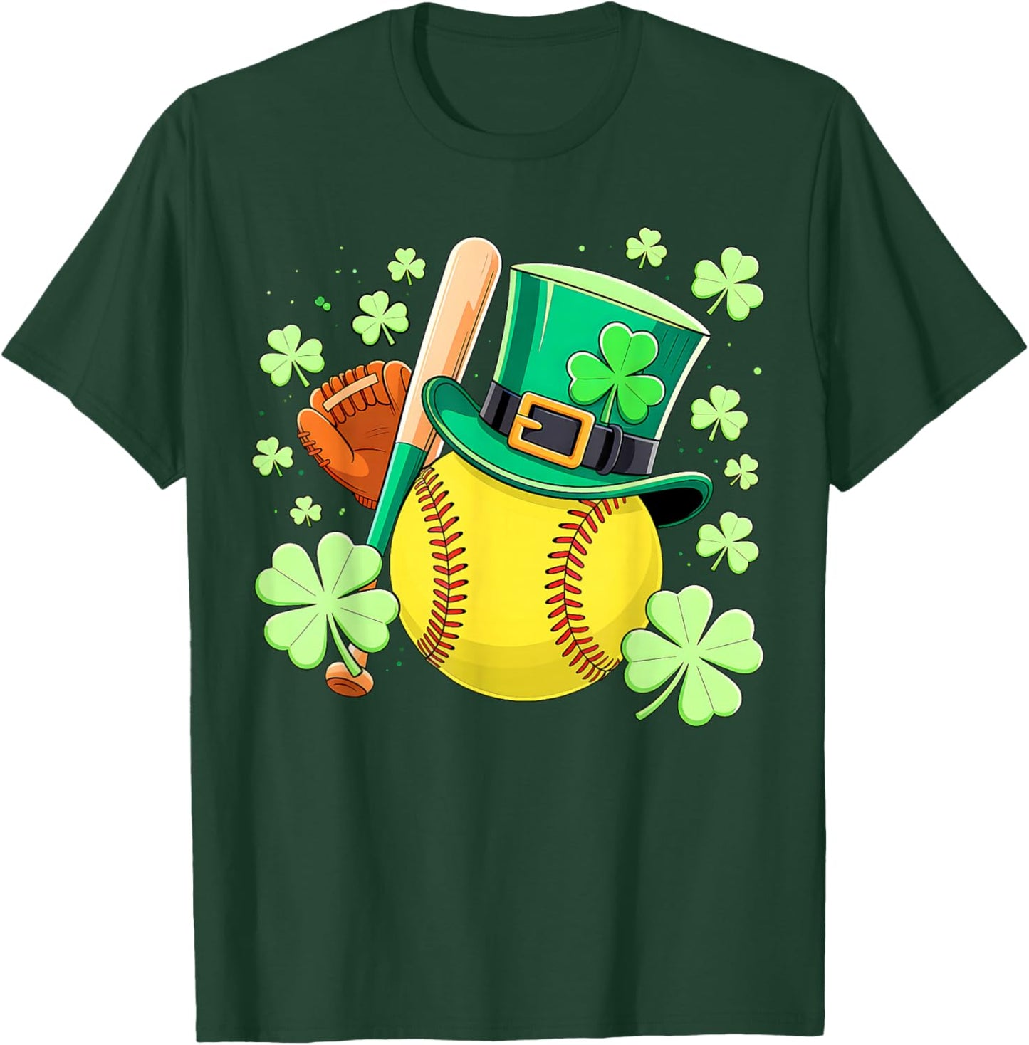 Softball St Patricks Day Lucky Softball Player Shamrock T-Shirt - T-Shirt | Forest