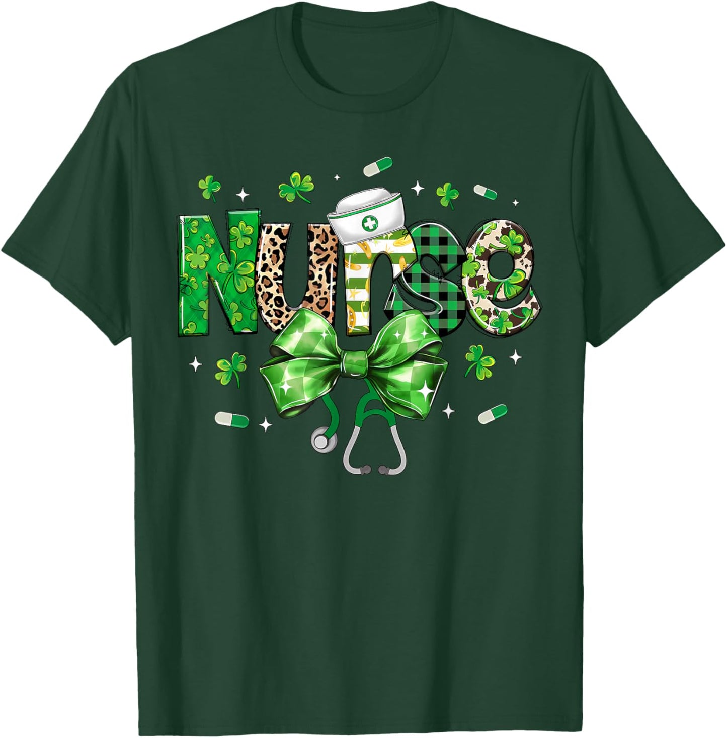 St Patricks Day Nurse Coquette Stethoscope Bow Shamrock T-Shirt - T-Shirt | Forest