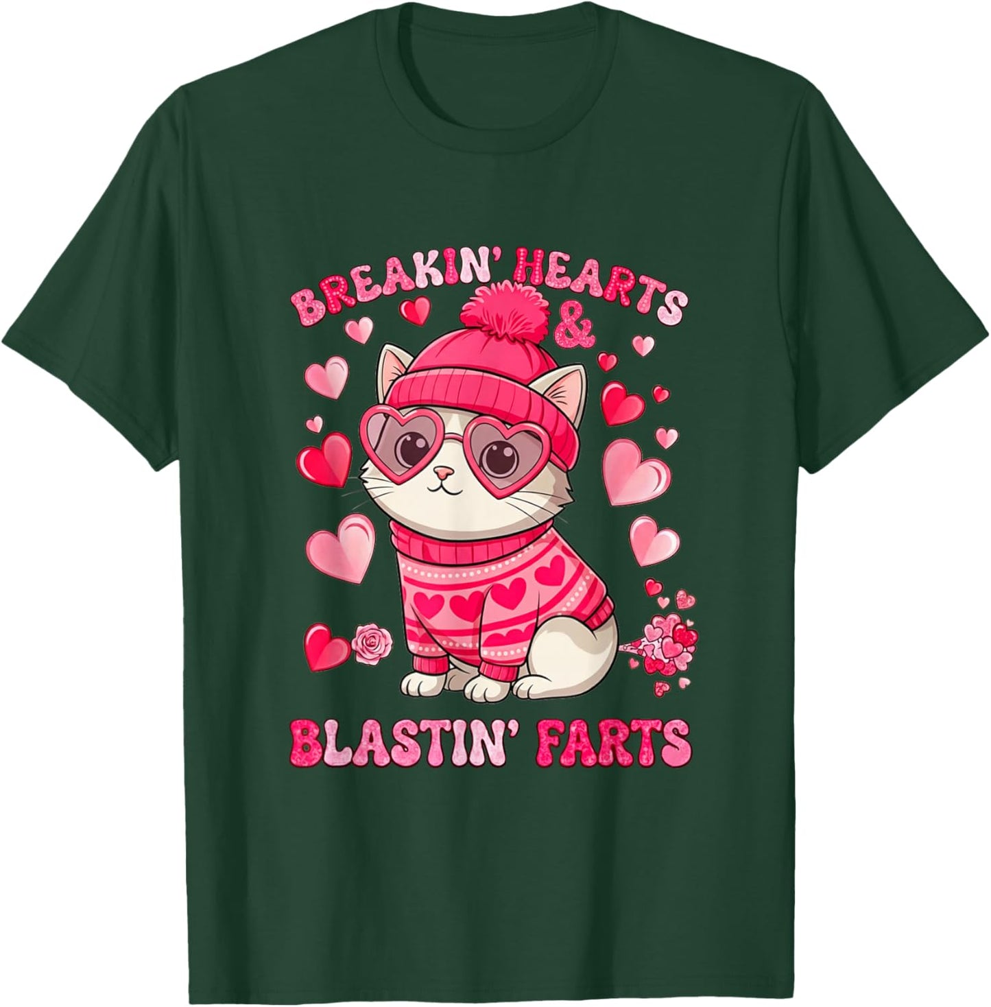Funny Cat Breaking Hearts Blasting Farts Valentines Day T-Shirt - T-Shirt | Forest