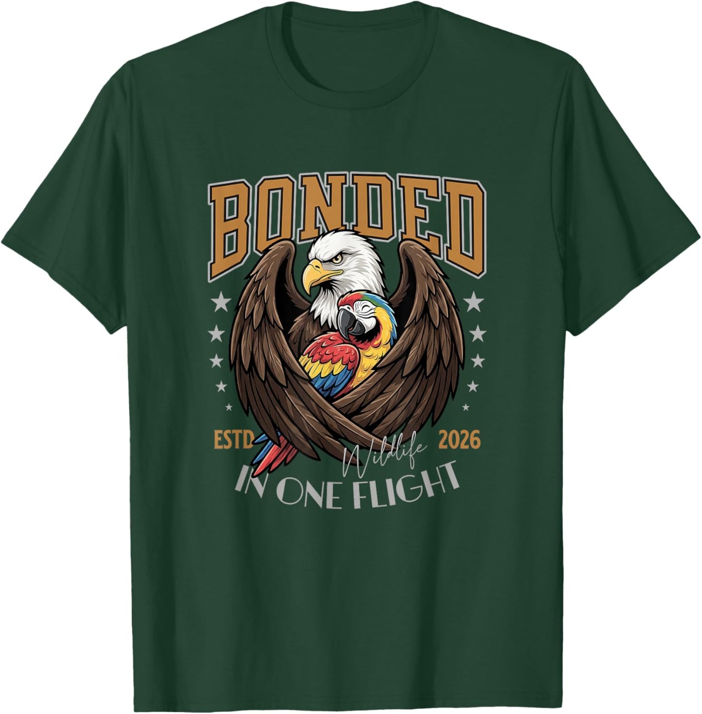 Bonded in One Flight, Wildlife Birds Eagle and Macaw. T-Shirt - T-Shirt | Forest