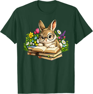 Cute Reading Bunny Easter Books Bookworm Reader Teacher T-Shirt - T-Shirt | Forest