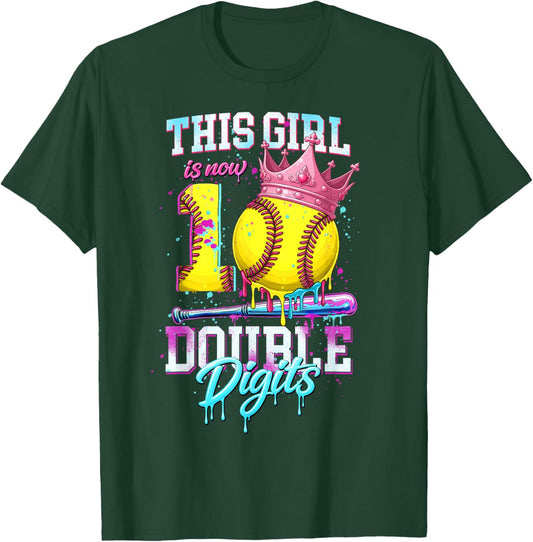 This Girl Now 10 Double Digits Softball Ice Cream Drip Girls T-Shirt - T-Shirt | Forest