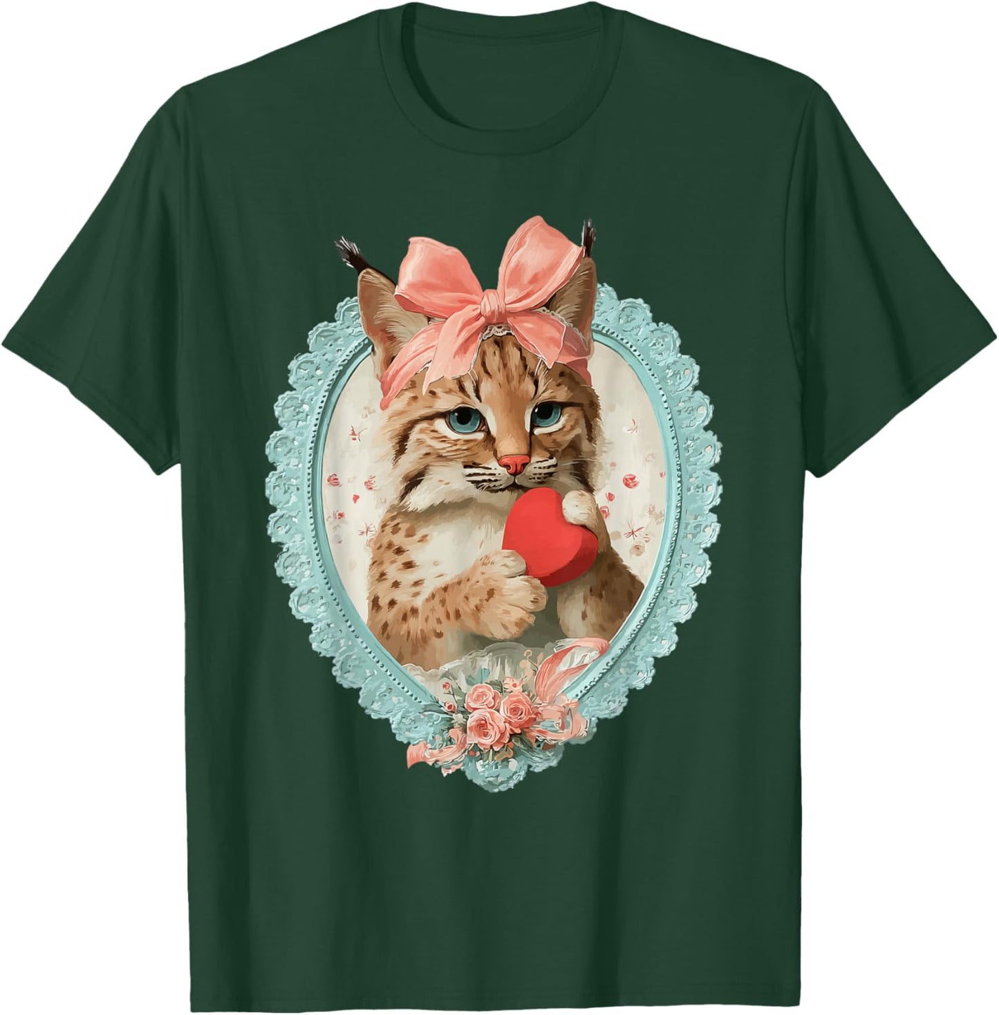 Vintage Valentine Bobcat with Heart Romantic Animal Coquette T-Shirt - T-Shirt | Forest