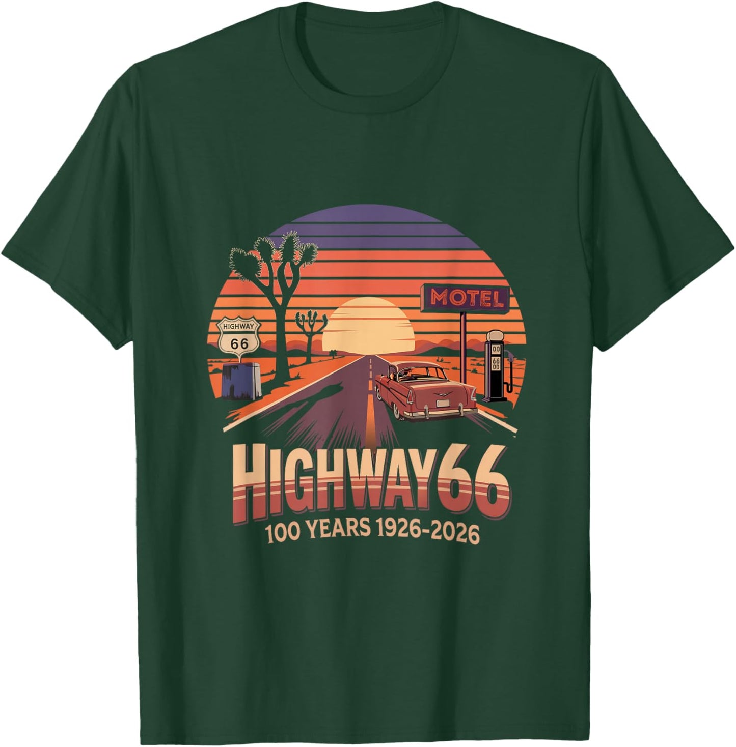 Highway 66 100 Years 1926-2026 Classic Car Lover Anniversary T-Shirt - T-Shirt | Forest