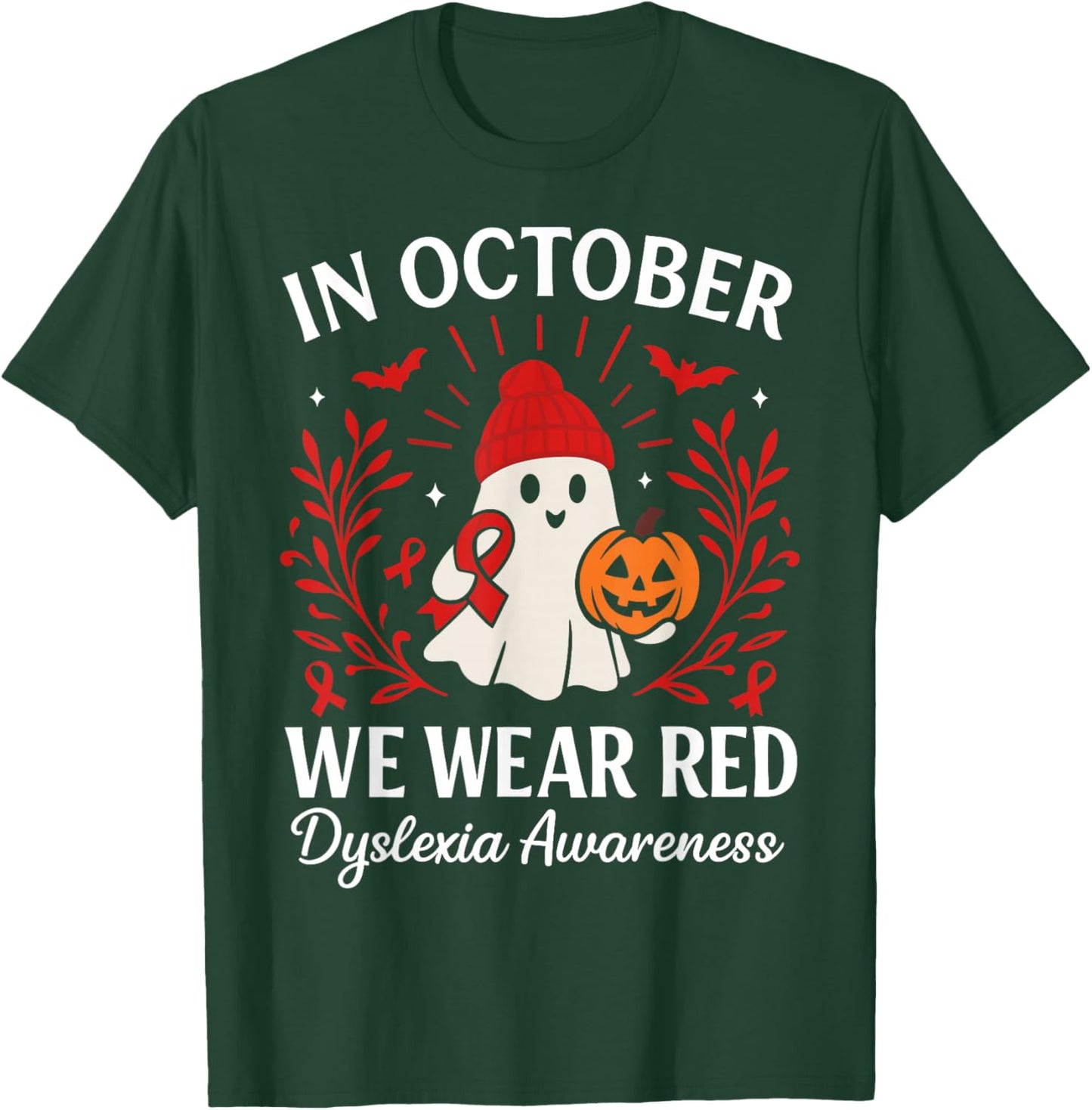in October We Wear Red Dyslexia Awareness Halloween Ghost T-Shirt - T-Shirt | Forest