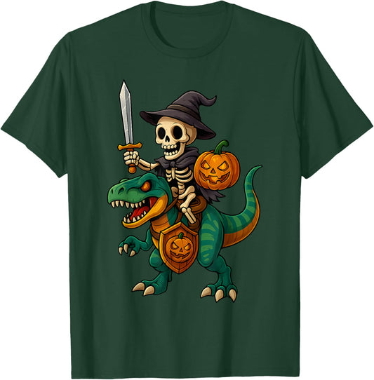 Funny Skeleton Riding T Rex with Sword and Pumpkin Halloween T-Shirt - T-Shirt | Forest
