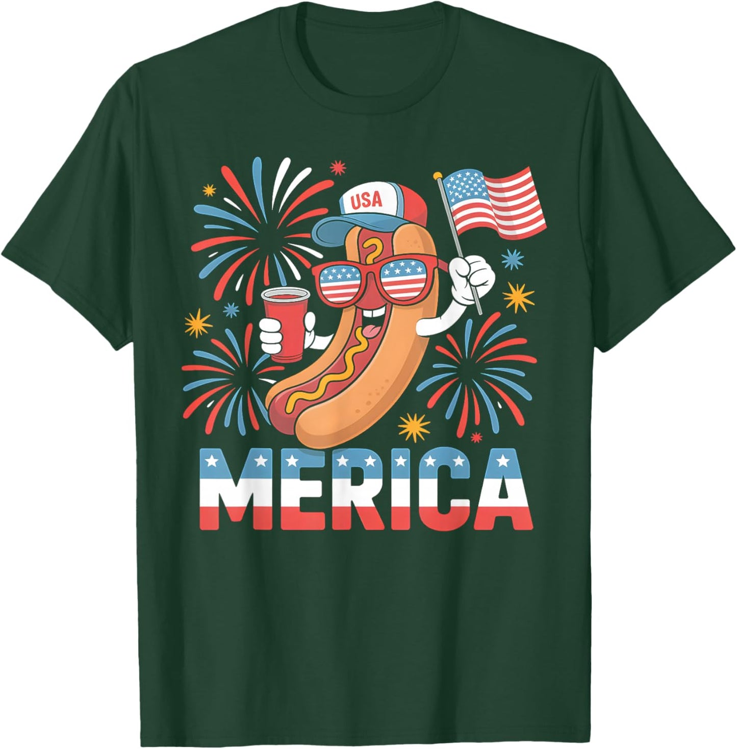 Funny Patriotic Hotdog 'Merica Style 4th of July BBQ Humor T-Shirt - T-Shirt | Forest