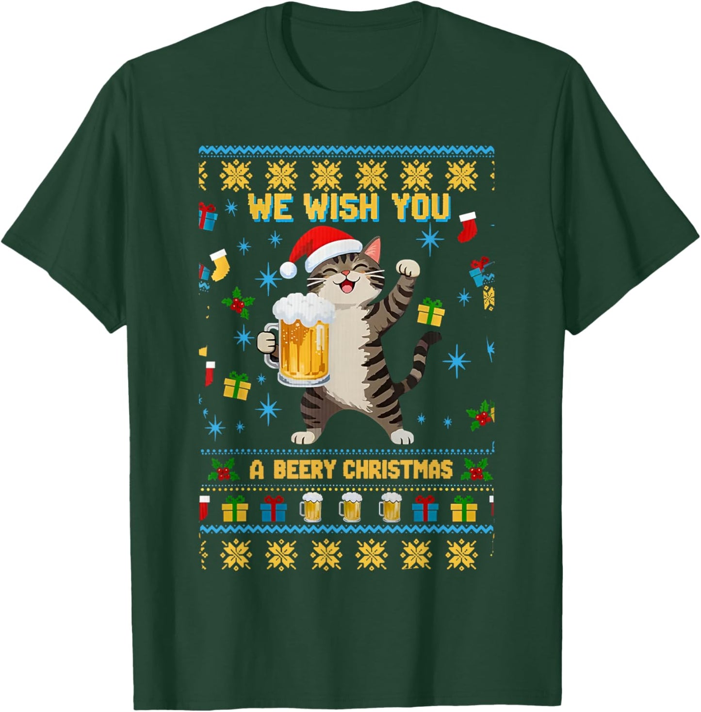 we Wish You a Beery Christmas Cute cat Drinking Beer T-Shirt - T-Shirt | Forest