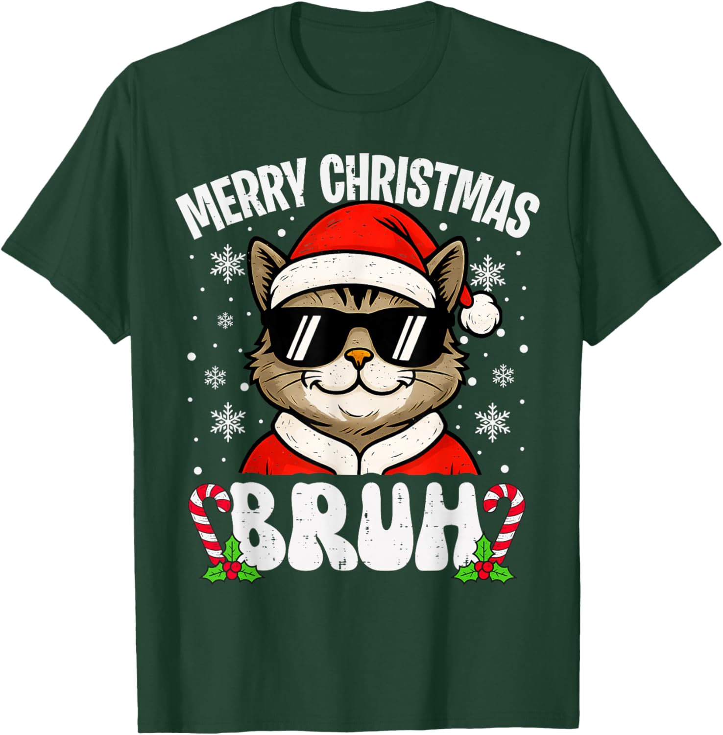 Merry Christmas Bruh Funny Cat Xmas Men Boys Kids PJs T-Shirt - T-Shirt | Forest
