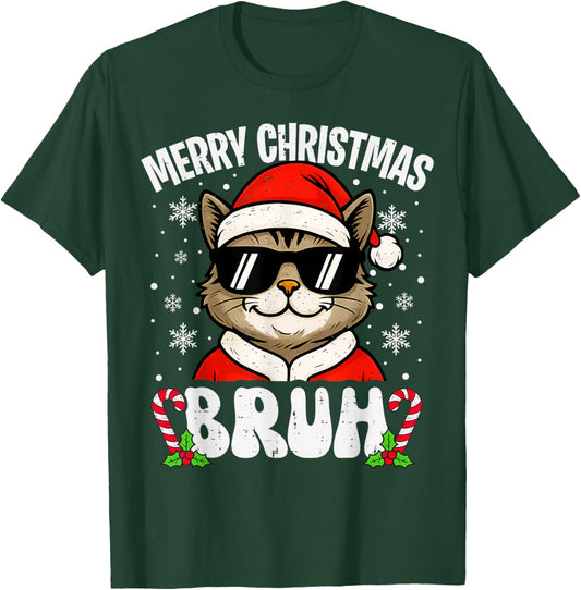 Merry Christmas Bruh Funny Cat Xmas Men Boys Kids PJs T-Shirt - T-Shirt | Forest