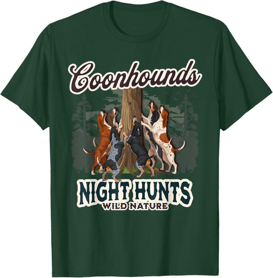 Treeing Hunt Dogs: Coonhounds, Night Hunts, Wild Nature T-Shirt - T-Shirt | Forest