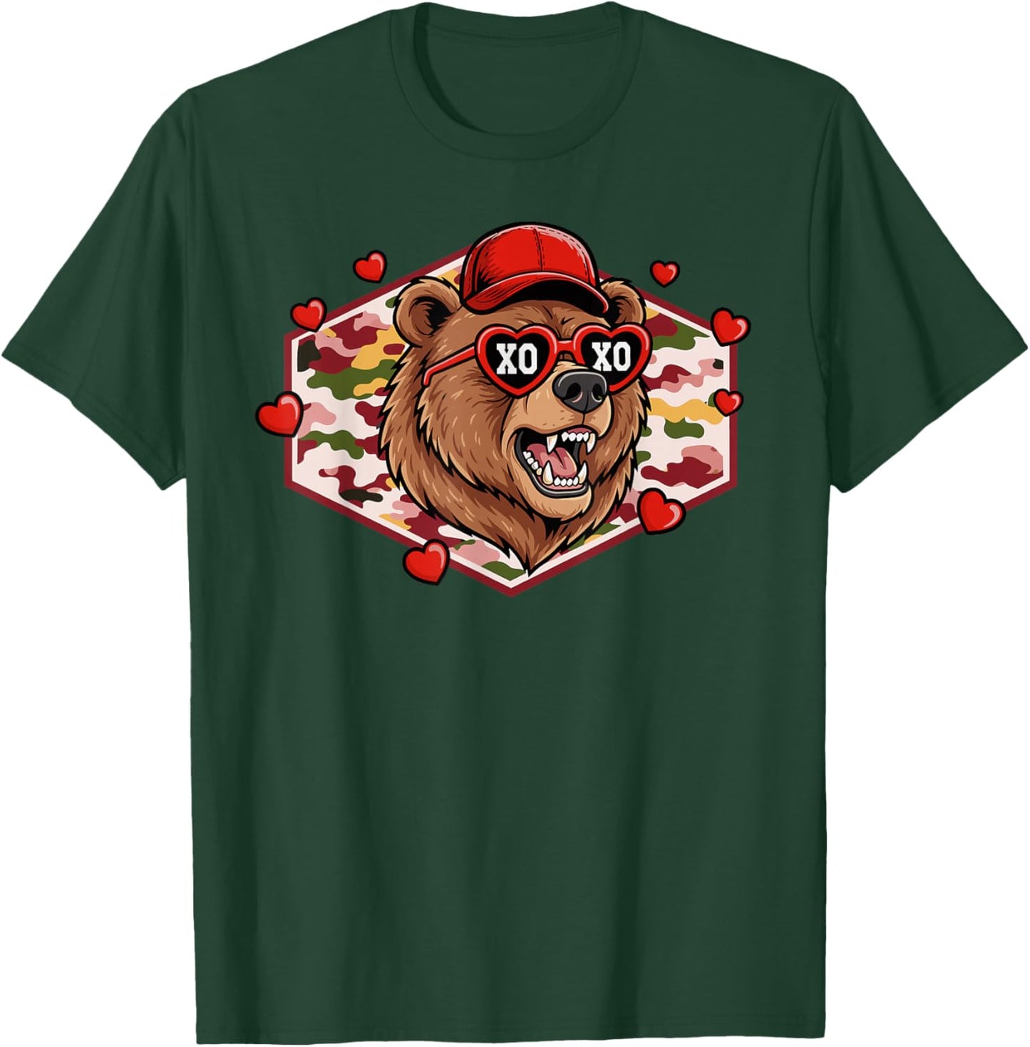 Men Boys Retro Valentines Hunting XOXO Camo Bear T-Shirt - T-Shirt | Forest