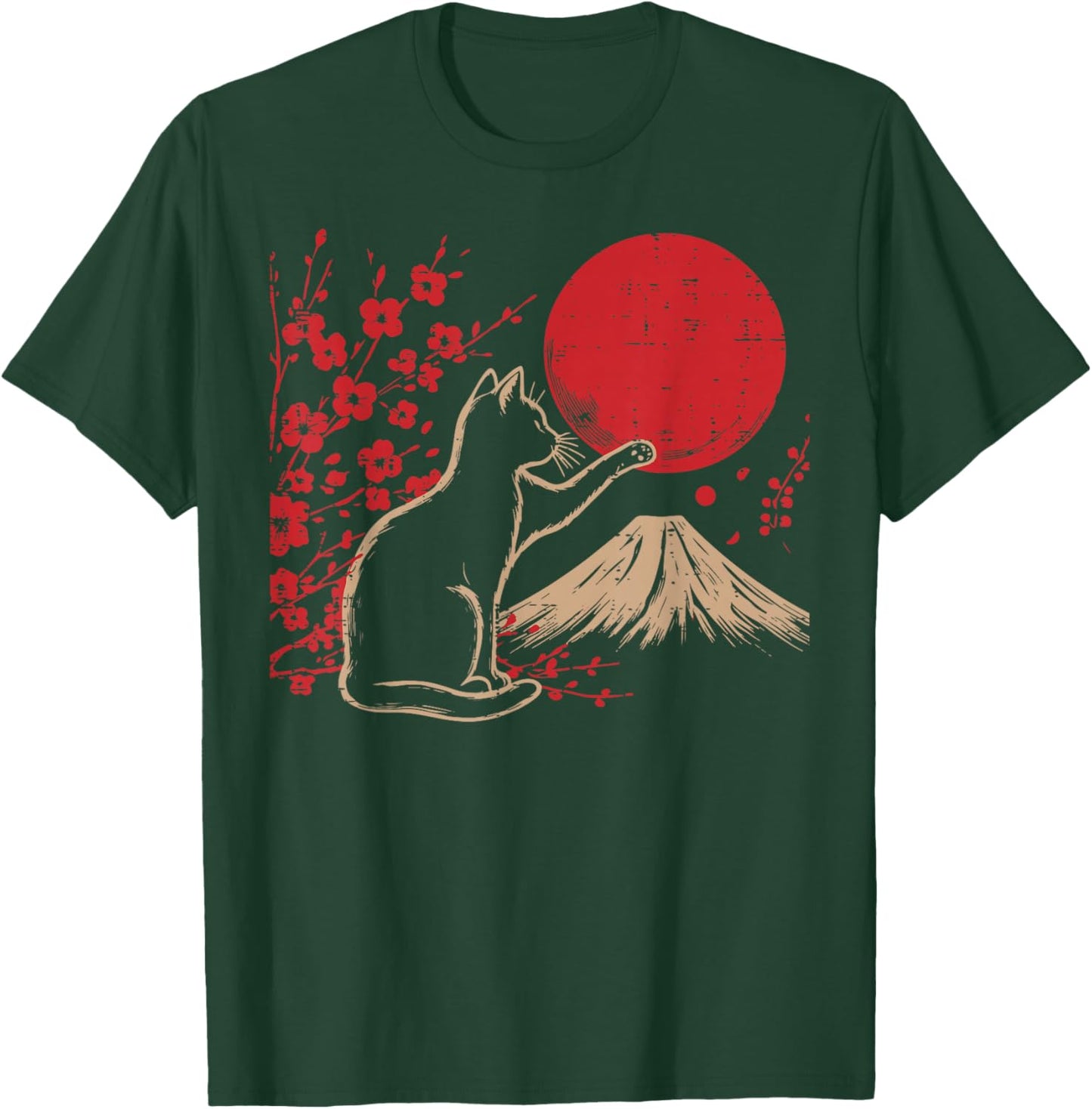 Japanese Cat Cherry Blossom Mountain Sun Art Women Men Kids T-Shirt - T-Shirt | Forest