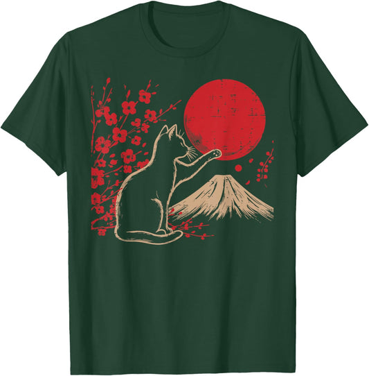 Japanese Cat Cherry Blossom Mountain Sun Art Women Men Kids T-Shirt - T-Shirt | Forest