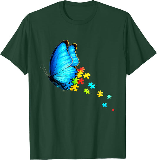 Autism Awareness Month Blue Butterfly Puzzle Mental Health T-Shirt - T-Shirt | Forest