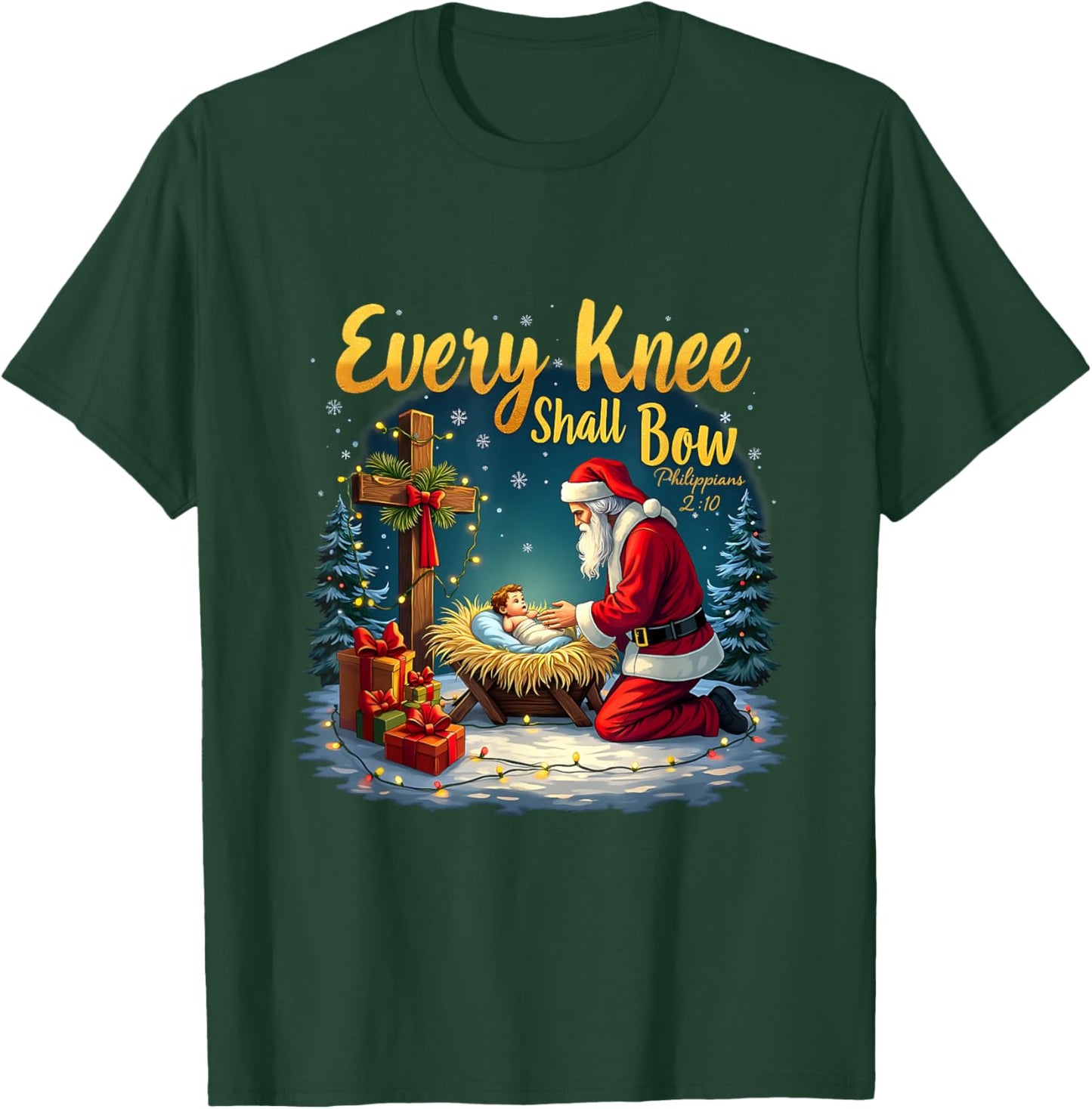 Christmas Nativity Scene Xmas Every Knee Shall Bow Santa T-Shirt - T-Shirt | Forest