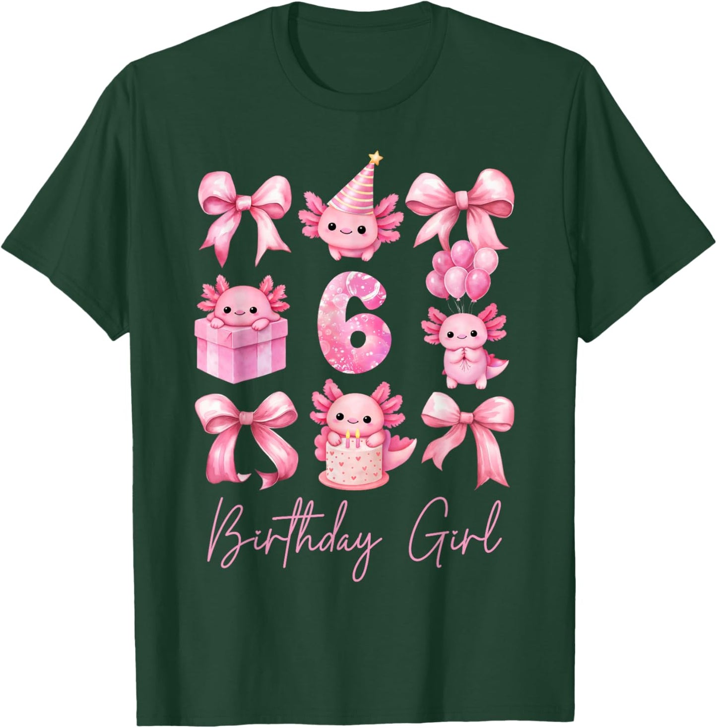 Cute Axolotl 6th Birthday Girl Pink Coquette Bow 6 Year Old T-Shirt - T-Shirt | Forest