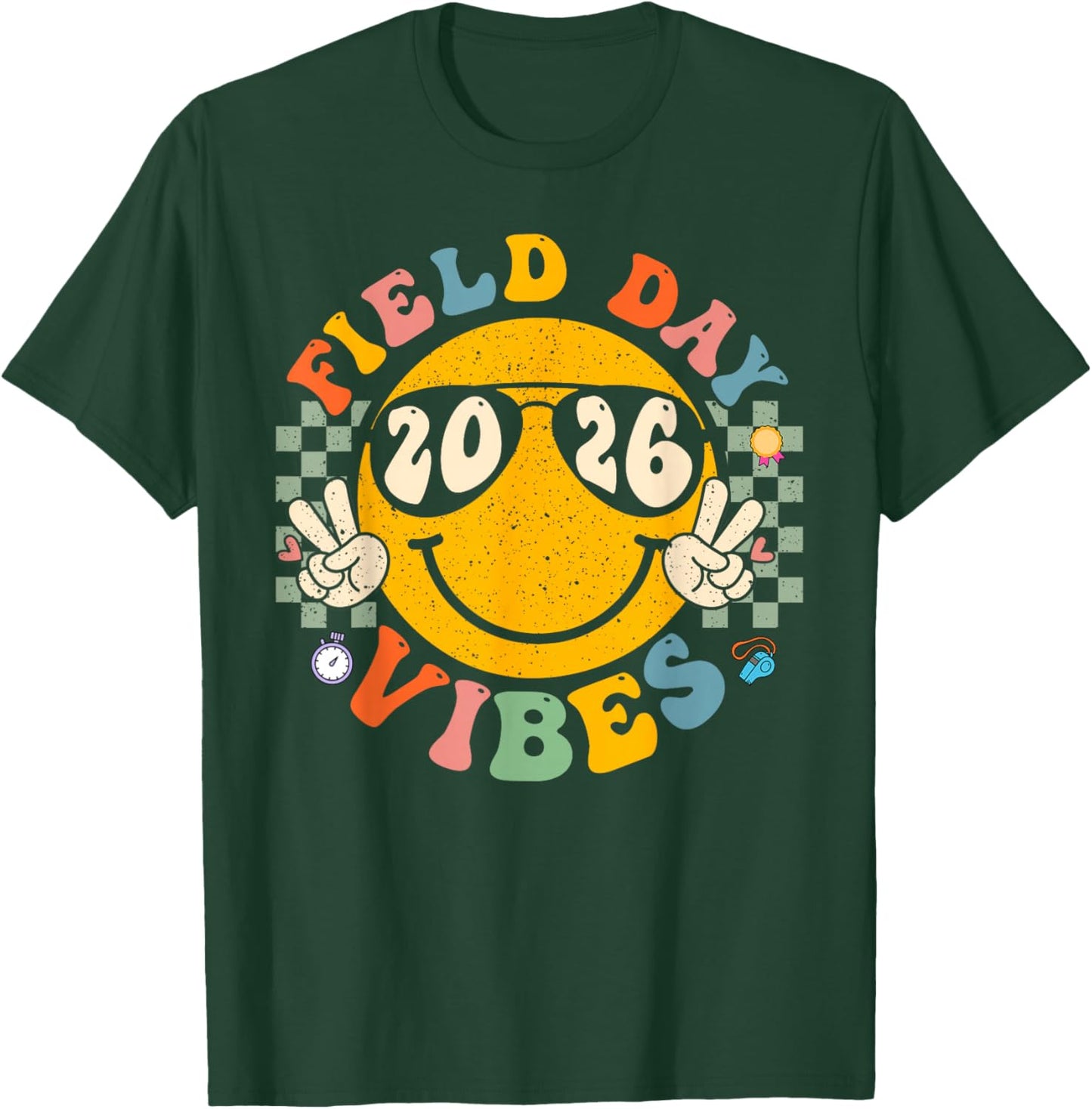 Field Day 2026 Vibes Groovy Smile Face Checkered T-Shirt - T-Shirt | Forest